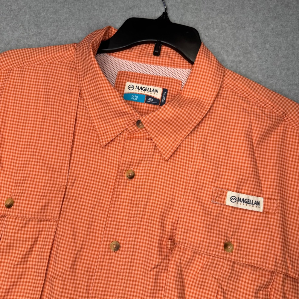 Magellan Fish Gear Shirt Mens 4XL Orange Check Plaid MagWick Vented Lightweight